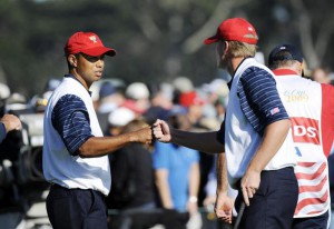 09-10-2009 The Presidents Cup, Harding Park Golf Course, San Francisco, California, USA. 06-11 Oct. Tiger Woods congratulates Steve Stricker on the 14th green, both of the United States Team during day two of the 2009 President's Cup at Harding Park Golf Course, San Francisco, California. After two days, the United States team leads 6 1/2 to 5 1/2.