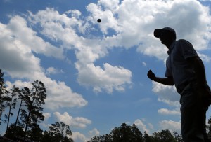 09-04-15 European Tour 2014, The Masters Tournament, Augusta National GC, Augusta, Georgia, USA. 09-12 Apr. Justin  Rose of England throws his ball to the gallery as he walks off #13 green following a birdie to go to 4-under during the first round. # NO AGENTS #