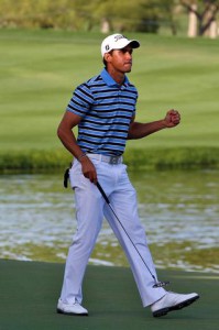 12-02-2012 European Tour 2012, Omega Dubai Desert Classic, Emirates GC, Dubai, United Arab Emirates. 09-12 Feb. Rafael Cabrera Bello of Spain celebrates his winning putt during the final round.
