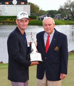 22-3-2015 PGA Tour 2015, Arnold Palmer Invitational presented by MasterCard, Bay Hill Club Lodge, Orlando, FL, USA. 19-22 Mar. Matt Every of United States holding the trophy with Arnold Palmer after winning the Arnold Palmer Invitational back to back.
