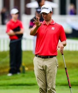 PGA Tour 2015, Adam Scott lines up a putt on #9 during the third round. Colonial CC, Ft. Worth, TX, USA.