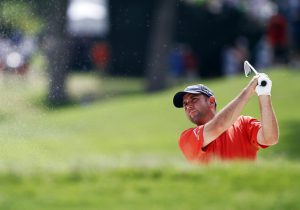 PGA Tour 2013, Crowne Plaza Invitational at Colonial, Colonial CC, Ft. Worth, Texas, USA. 23-26 May. Josh Teater of United States out of bunker on #15 during the third round.
